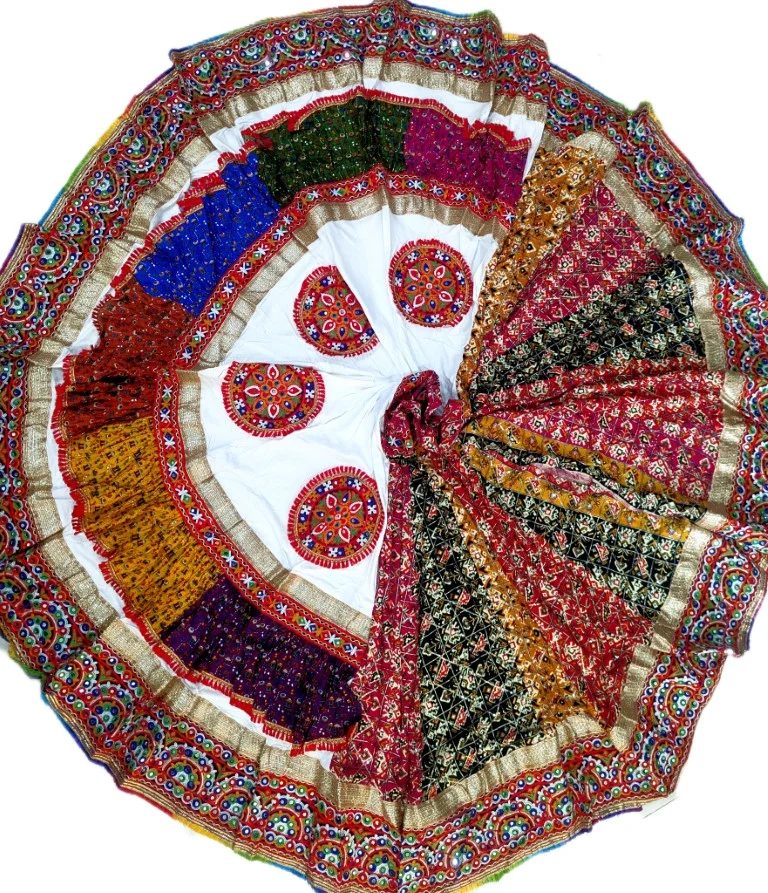White Chanyacholi with multi-colour gujaratri print layers