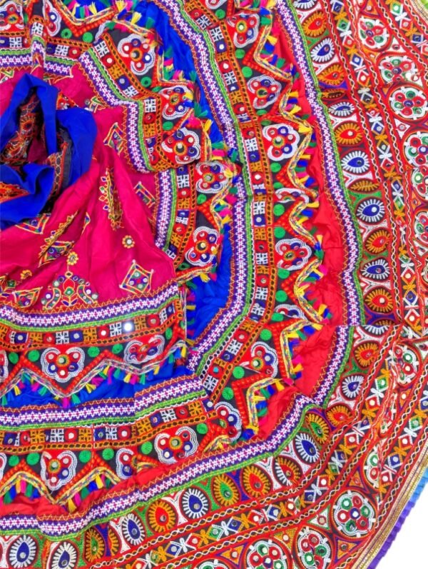 3 Layers Vibrant Pink, Blue, and Red Chanyacholi with Gujarati Border - Image 2