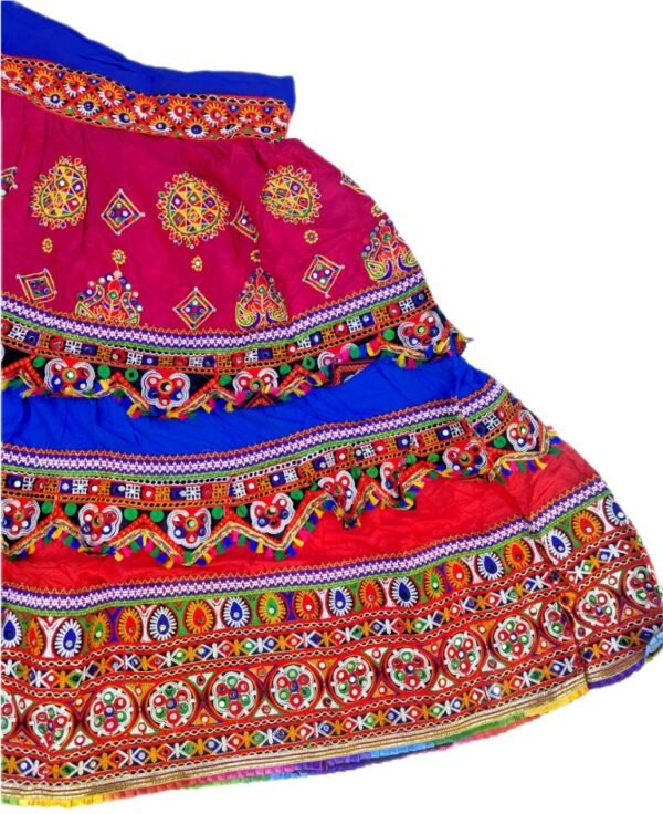 3 Layers Vibrant Pink, Blue, and Red Chanyacholi with Gujarati Border - Image 4