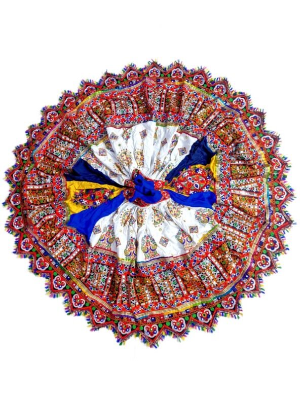 Short White, Blue, Yellow Chanyacholi with Gujarati Embroidery Border