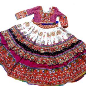 3 Layers White, Black and Pink Chanyacholi with Gujarati Embroidery Border