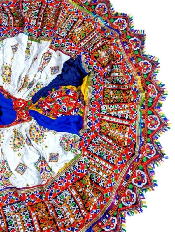Short White, Blue, Yellow Chanyacholi with Gujarati Embroidery Border - Image 2