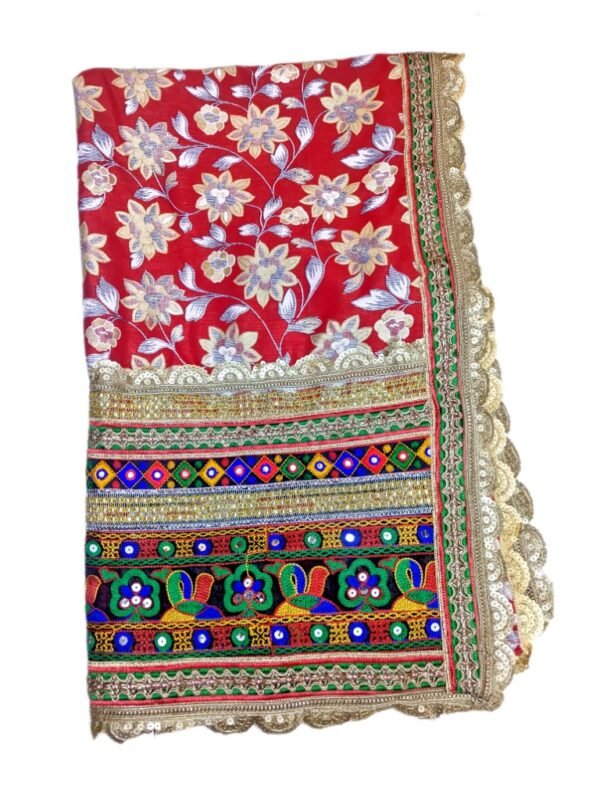 Red Dupatta with Gujarati Embroidery Border