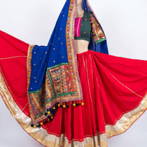 Red Chanyacholi with Silver-Golden Border
