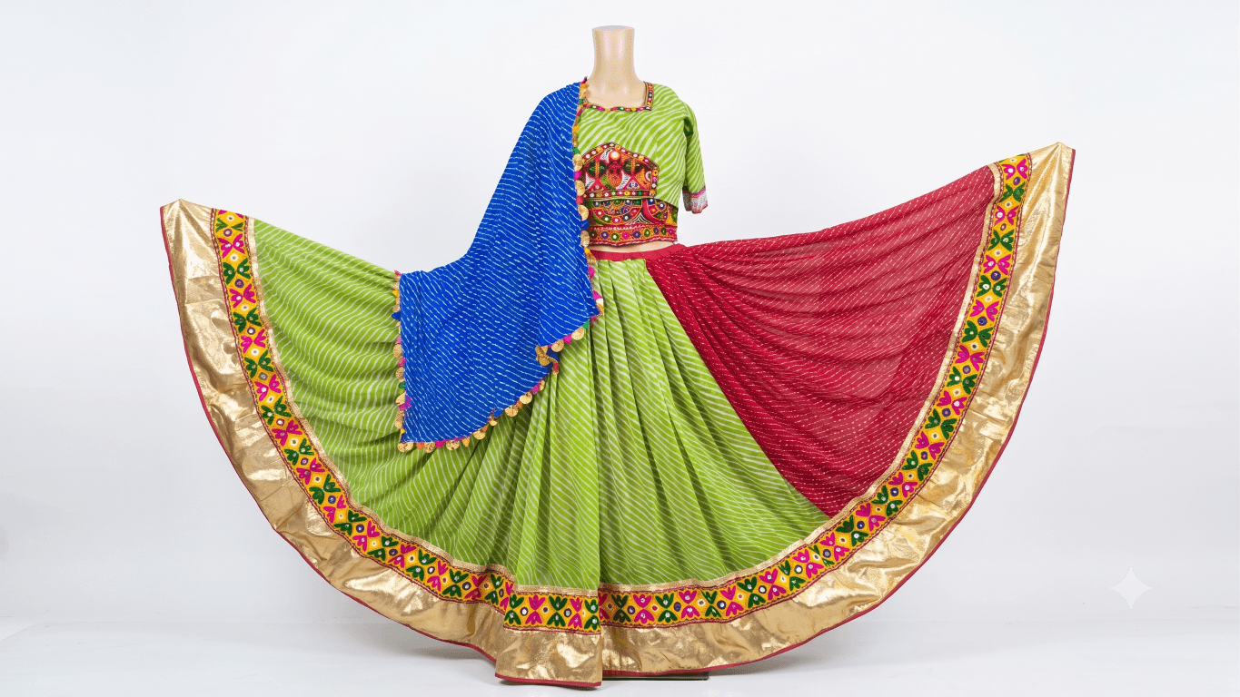 Green and Red Chanyacholi With Golden Border