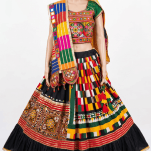 Black Print Chanyacholi With Gujarati Embroidery