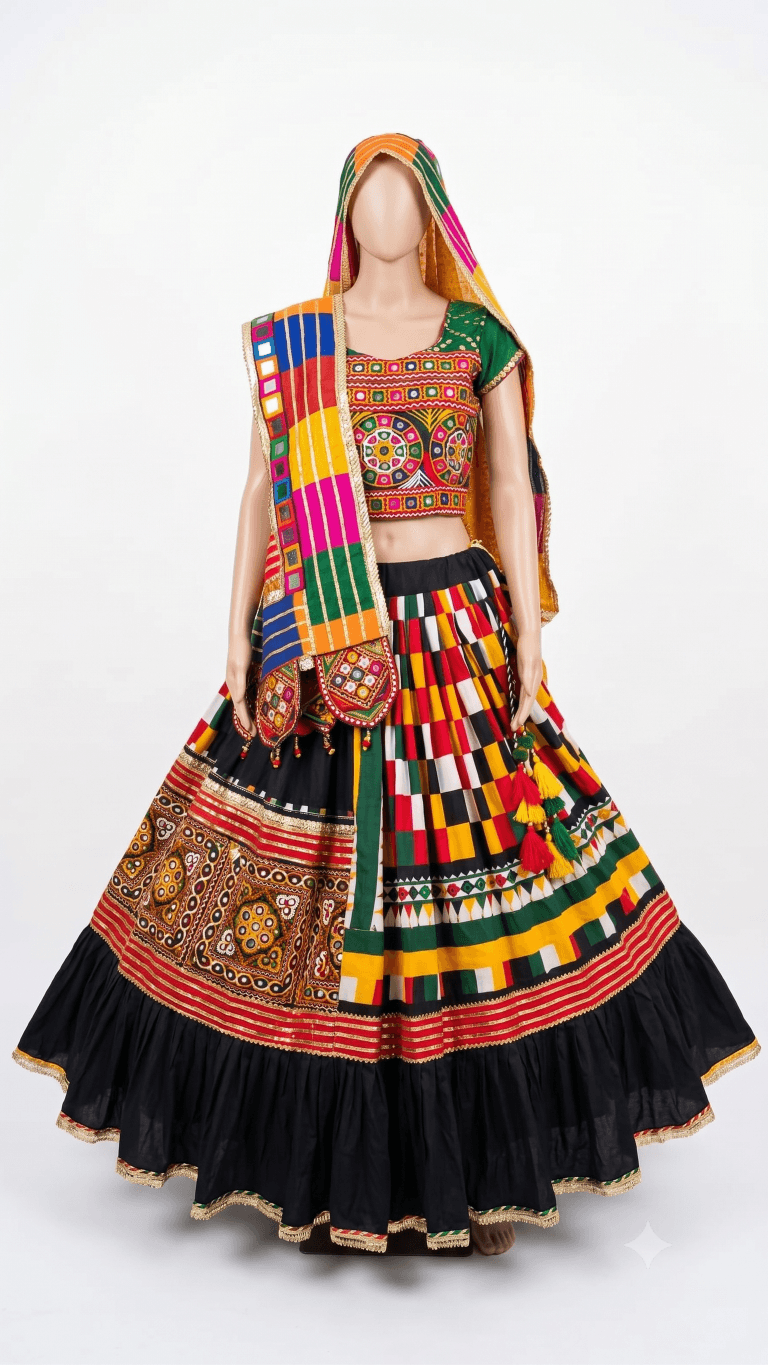 Black Print Chanyacholi With Gujarati Embroidery