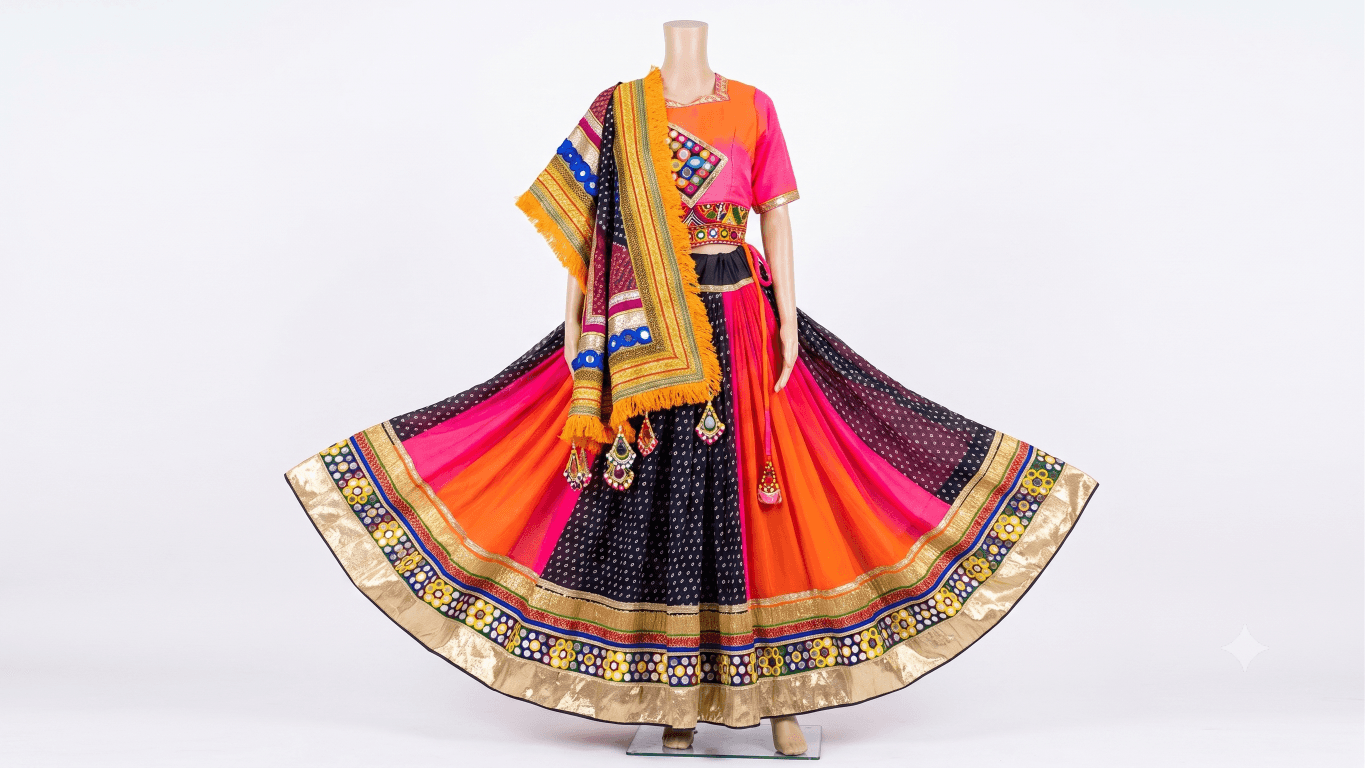 Black, Orange and Pink Gradient Chanyacholi With Golden Border