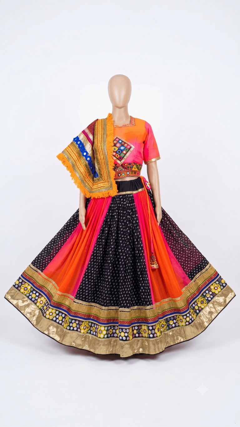 Black, Orange and Pink Gradient Chanyacholi With Golden Border - Image 2