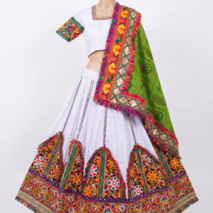 White Chanyacholi With Gujarati Embroidery and Green Accent